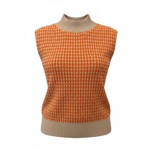 Orange & Tan Sleeveless Turtleneck Sweater • Layering Top • Stretchy Cozy Knit